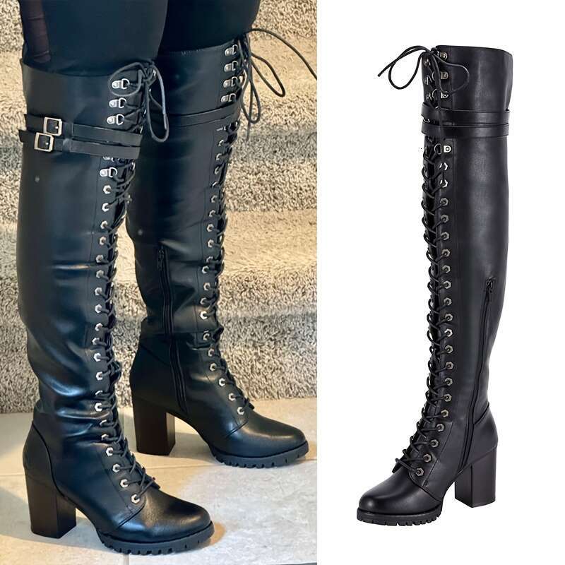 Women's Faux Leather Over The Thigh Boots, Black Lace Up Knee High Chunky Heel, Sexy Biker Boots With Buckle
