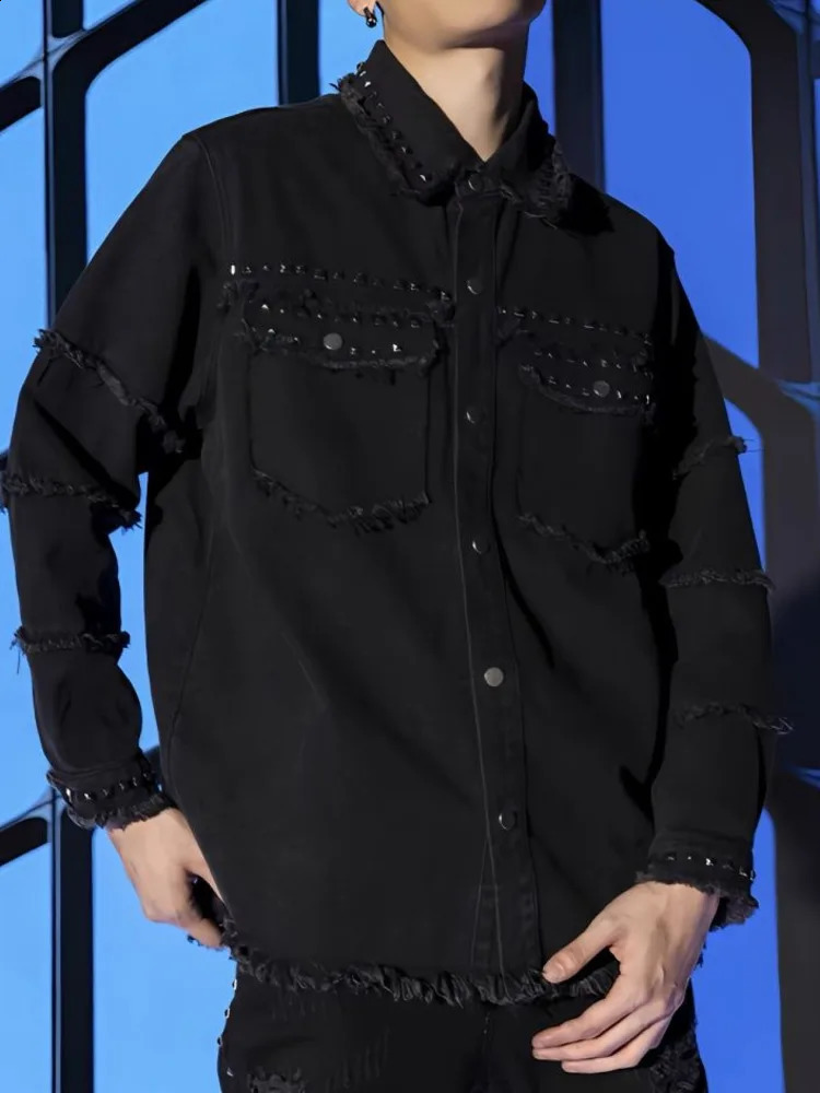 High Quality Metal Punk Rivet Denim Jacket For Men Women Spring Autumn Button Short Lapel Wild Casual Shirts Coat 251017