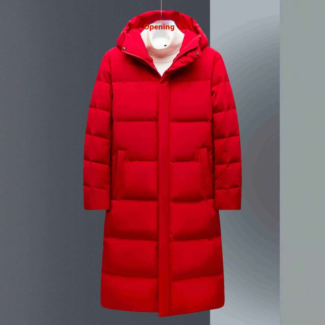 Red Hooded Unisex Mid-Length Down Jacket Winter Thickened Warm Fashionable Versatile Outerwear
