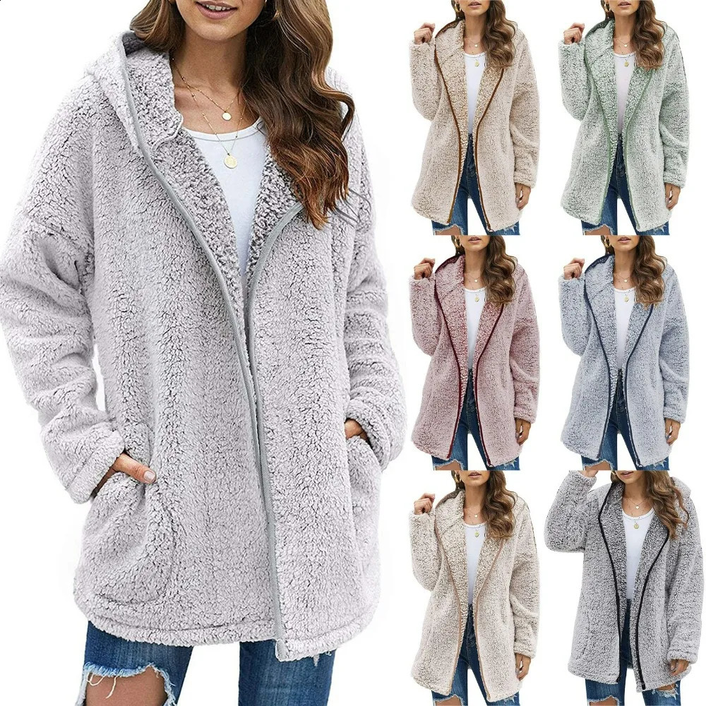 Autumn Winter Women Long Teddy Jacket Warm Thick Fleece Coat Turn Down Collar Plush Woman Casual Sleeve Clothes 251018