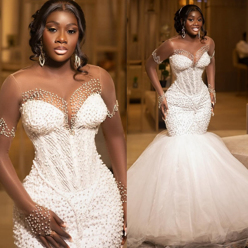2025 Aso Ebi African Wedding Dress Bridal Gowns For Bride Mermaid Sheer Neck Illusion Appliqued Beaded Lace Pearls Rhinestones Wedding Gowns For Black