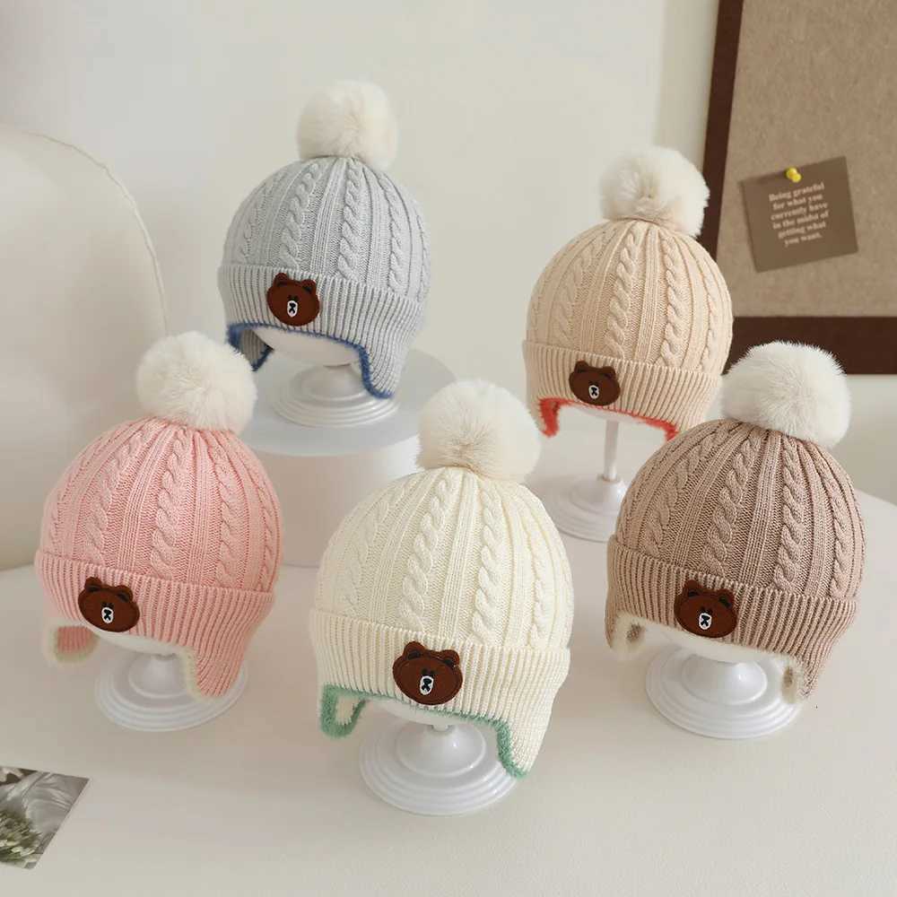 New Autumn Winter Knitted Baby Hat for Girls Boys Toddler Bear Pompom Hat with Earmuffs Outdoor Warm Ear Protection Hat for KidsL251024