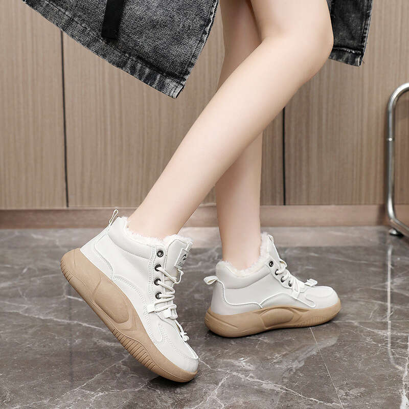 New Fleece-Lined Women's Winter Mid-Top Warm Height-Increasing Thick-Soled Sports Casual Shoes Boots Fashion Designer
