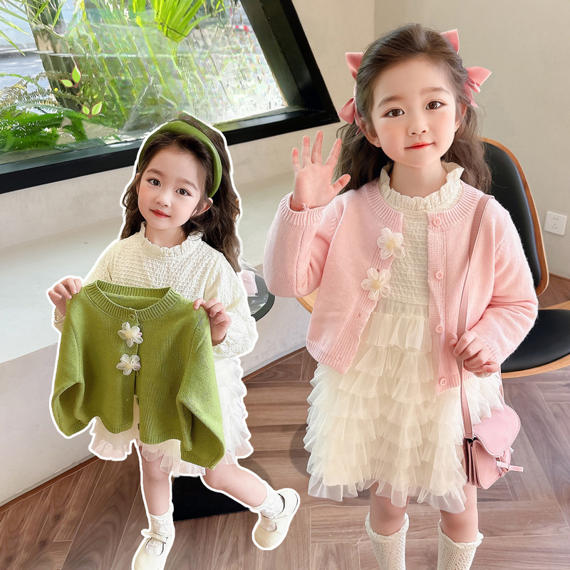 Girl fashion designer dress autumn fashion children's princess dress one year old baby formal dress cardigan wool sweater mesh dress spring and a