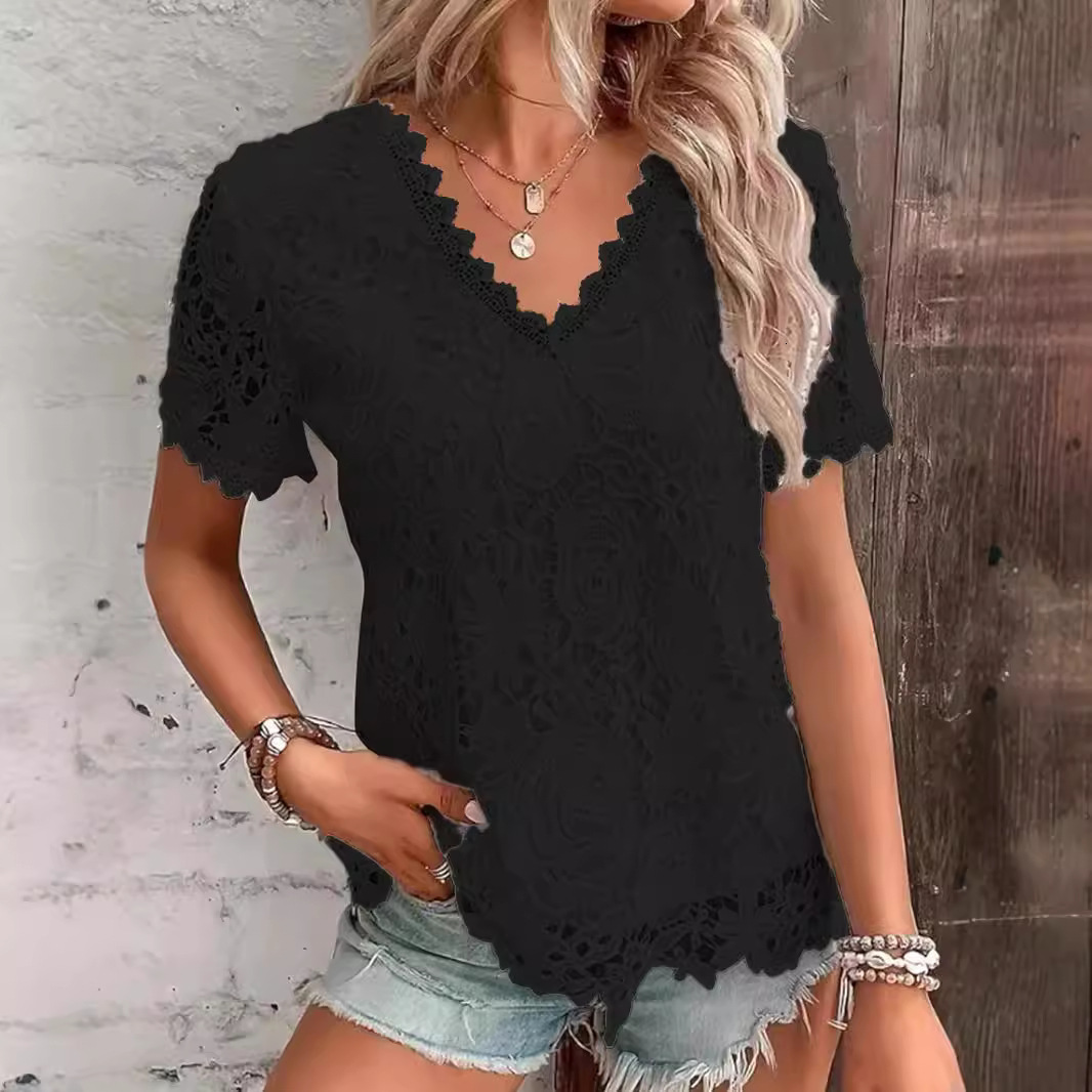 2025 New Women's Fashion Top T-Shirt Lace Trim Short Sleeve