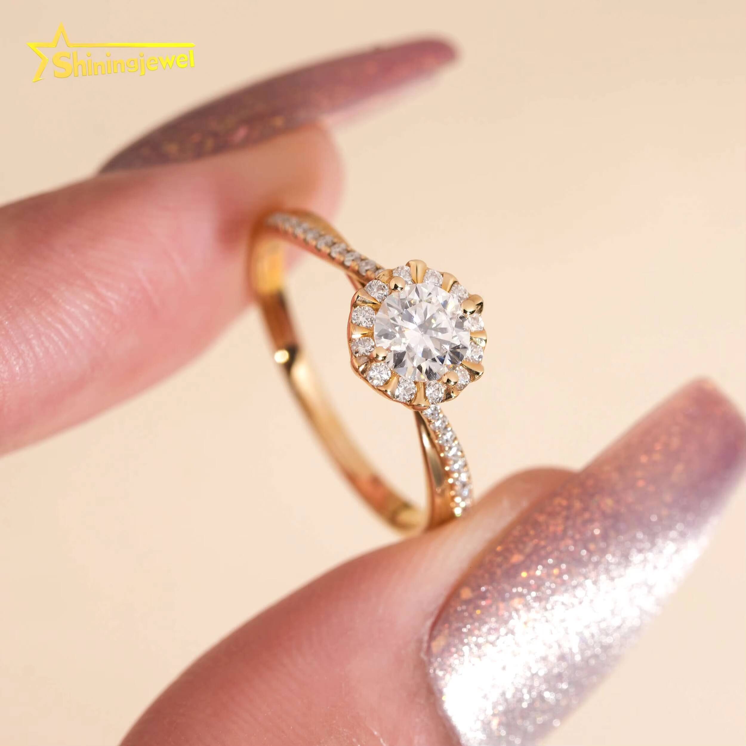 14K Solid Gold Halo Ring Round Cut Moissanite Engagement Rings for Women Pass Diamond Tester