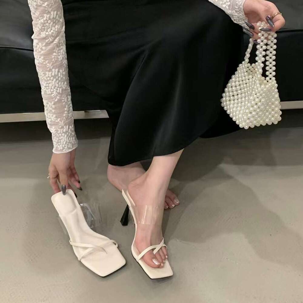 2025 Designer Shoe New Simple Versatile Strap Transparent Square Toe One-Strap Clip-Toe Thin High Heel Outdoor Sandals