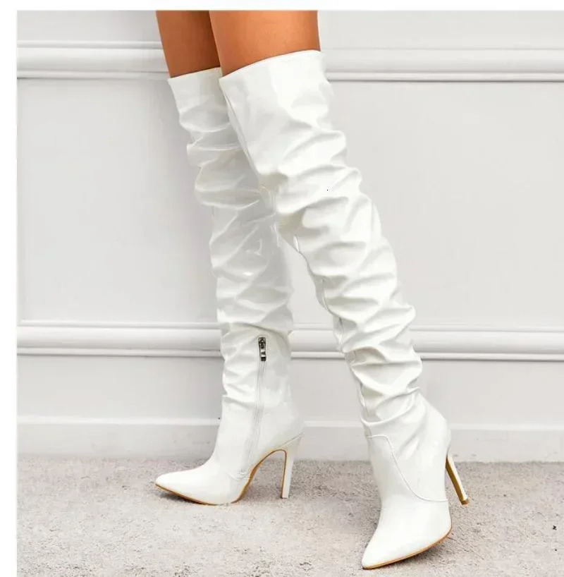 Overtheknee Boots Women Fashion Pointed Toe Black Side Zipper Thin High Heels Female Shiny Pleated High Heel Botas 2024 251023