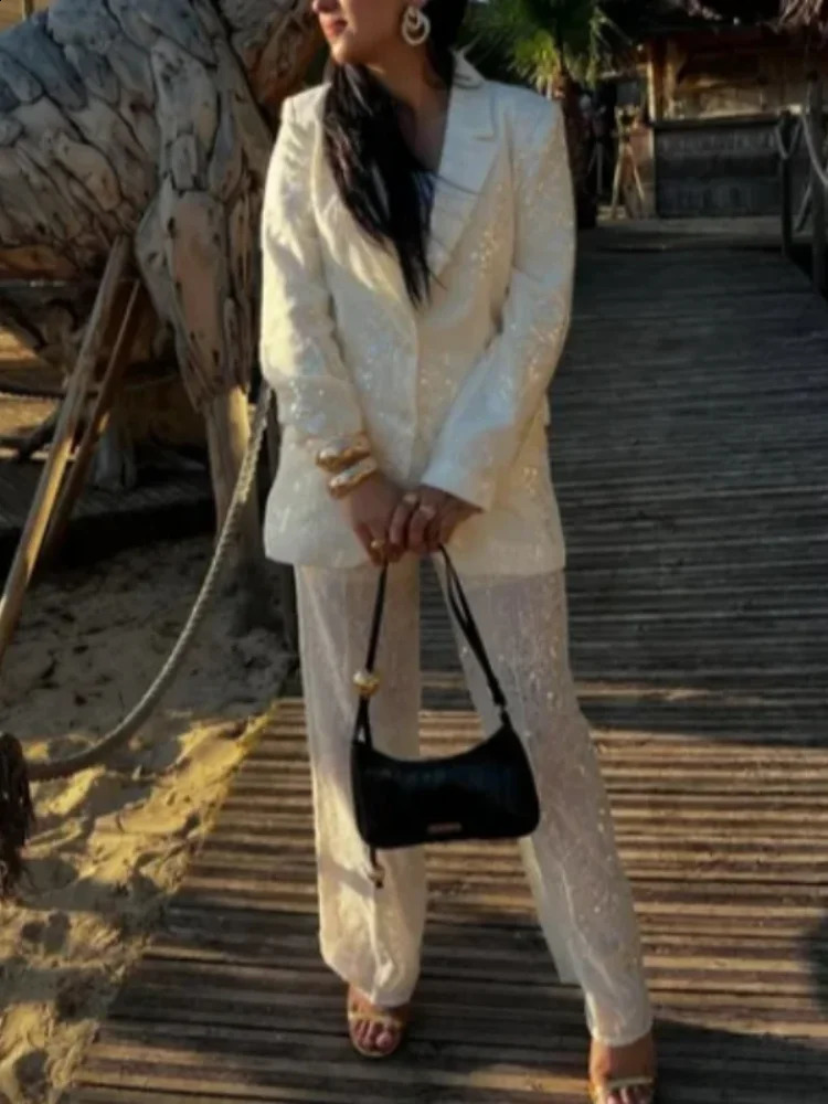 Women Suit Sequin Blazer Long Sleeve Laple Jacket Straight Perspective Trouser 2 Piece Pant Set Elegant Lady Office Outwear 251023