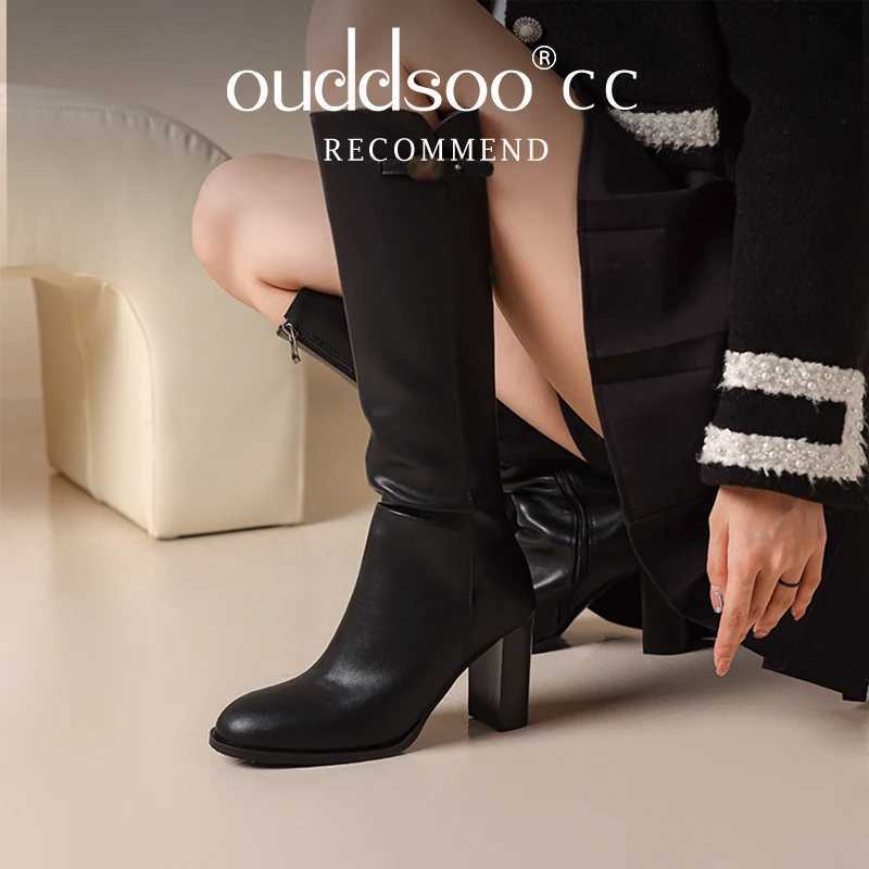 Ods Soft Cow Leather Black Knee High Boots Chunky Mid Heels Zipper Womens Long Boot Big Size Luxury Designer Sexy Shoes 4143 46 W251024