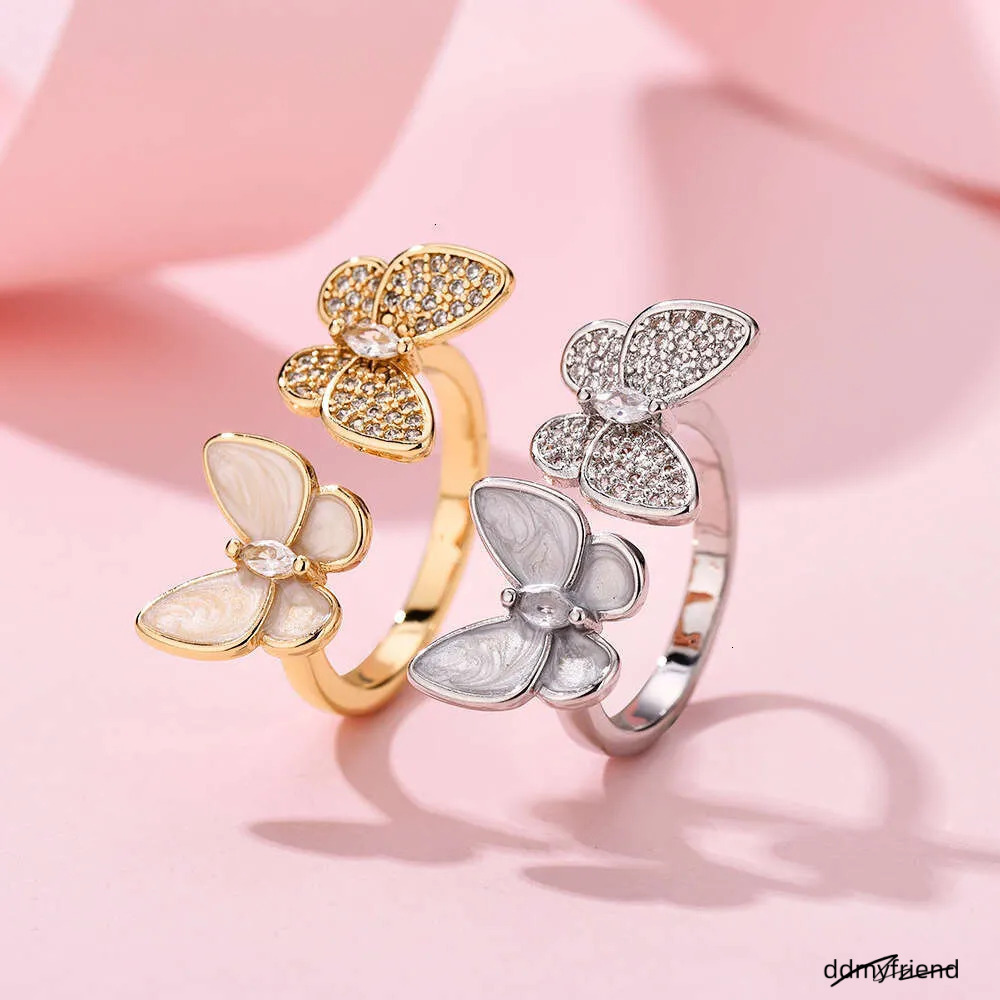 Open Adjustable Ring With Double Butterfly Design - Mother Of Pearl & Rhinestone Elegant Women's Jewelry Ddmyfriend