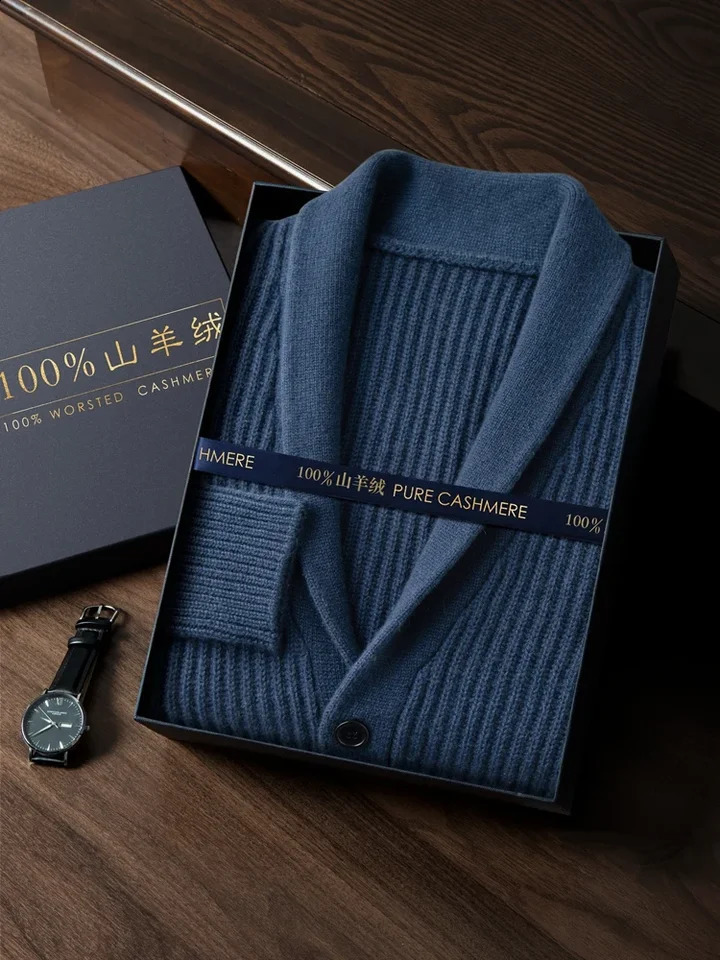 Mens Heavy Thick 100 Pure Cashmere Cardigan Olive Warm Collar HighEnd Sweater Coat Super Handsome 251015