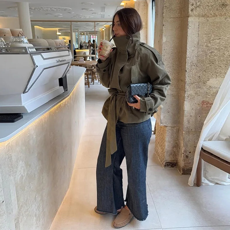 Womens Jacket Long Sleeve Button With Belt Coat Lace Up Stand Collar Outerwears Autumn Chic High Street Lady Jackets 251021