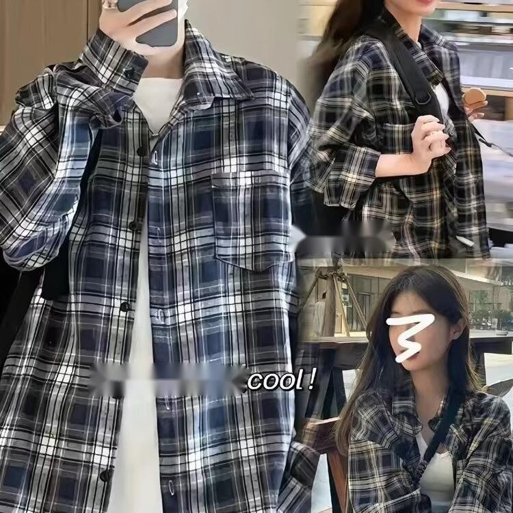 Pocket Trendy Turn-down Collar American Style Navy Blue Plaid Shirt for Men, Autumn Youthful Vintage Lazy Style Sun Protection Jacket