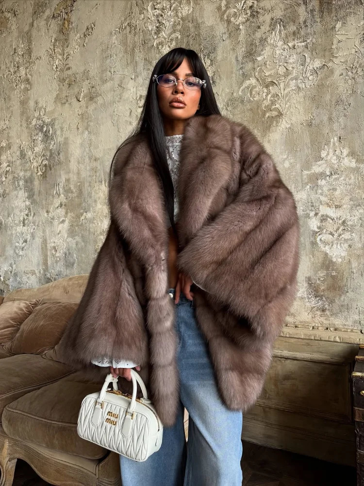Women Elegant Fur Coat Bell Sleeve Lapel Suede Surface Girdle Coats Unique Temperament 2025 Winter High Street 251013