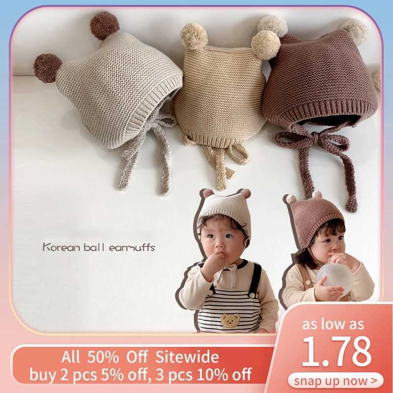Pompom Baby Beanie Infant Autumn Winter Warm Crochet Bonnet Toddler Ear Protection Pullover Cap Children Solid Color Knitted HatL251024