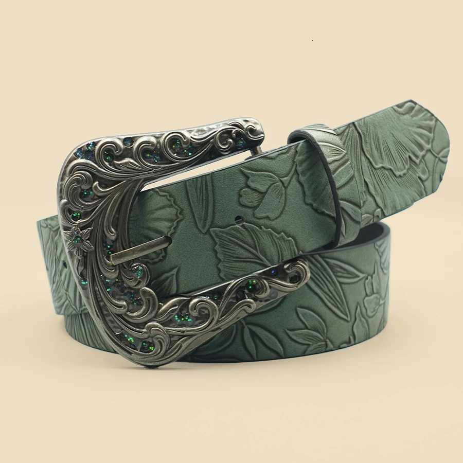 Vintage Dark Color Carved Womens Belt with Leaf Print Versatile for Autumn and Winter Casual Belt Daily Commuting Decoration W251024