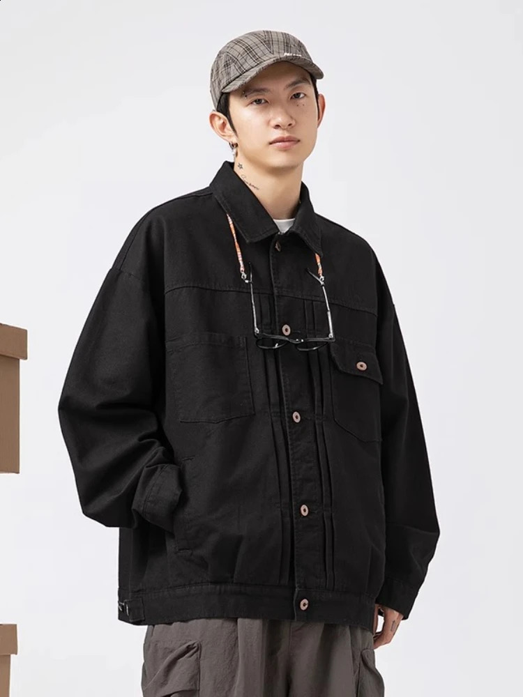 Vintage Utility Cargo Denim Jacket Men Pleated Front w Flap Pockets Long Sleeve Oversized Spring Fall 2025 Casual Coat 251017