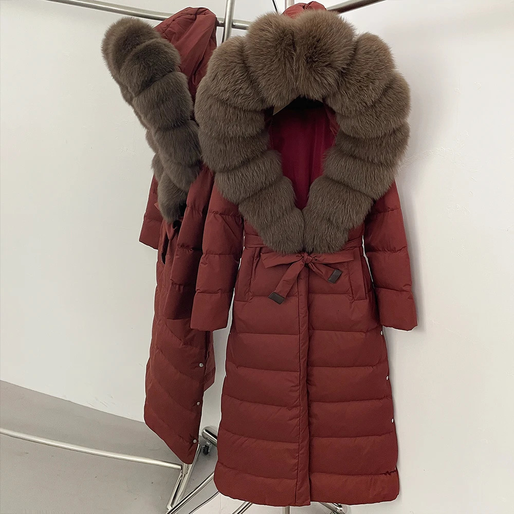 OFTBUY Large Real Fox Fur Collar XLong Puffer Jacket Women Hooded Winter White Duck Down Coat Thick Female Parkas With Belt 251024