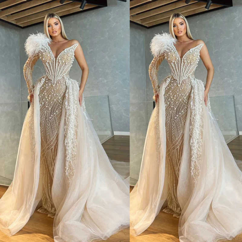 Elegant Prom Gown V-Neck Evening Dress Crystal Beads Party Prom Dresses Flowers Sleeve Bridal Gowns Customized Robes De Mariee L252776