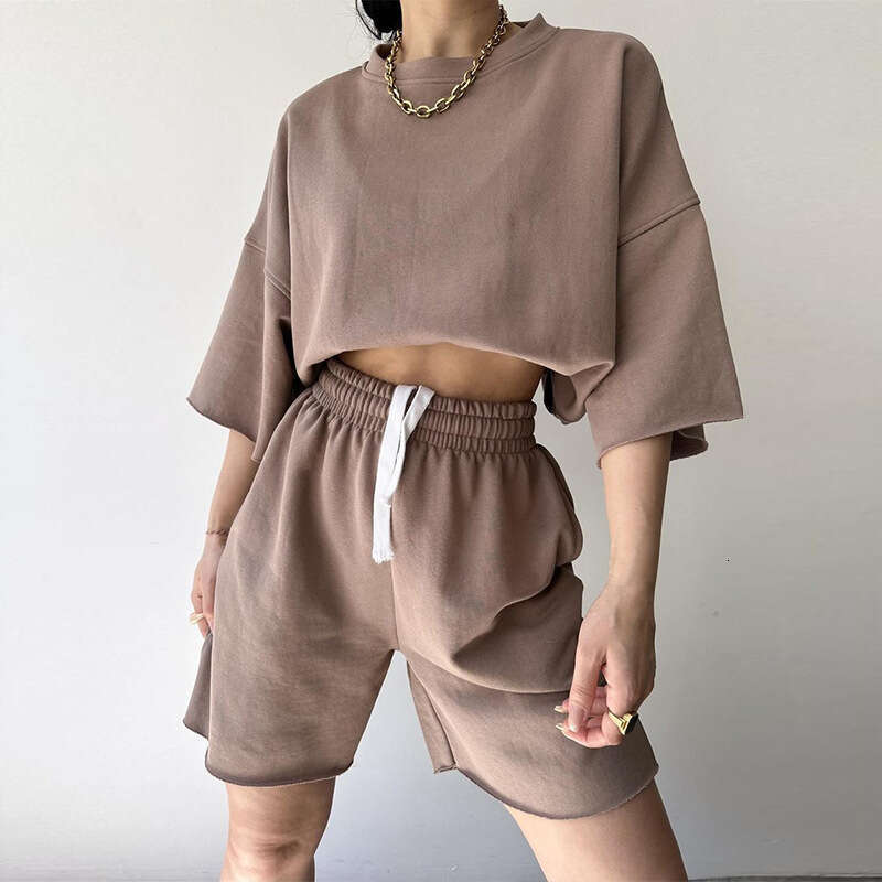 Street Style New Casual for Women: Half Round Neck Loose Short Sleeve Tie Shorts Two-Piece Set