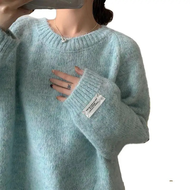 Loose Womens Mint een Lazy Sle Milk Blue Sweater Casual HighEnd Outerwear Long Sve round Ne Girls Autumn Faion 251023