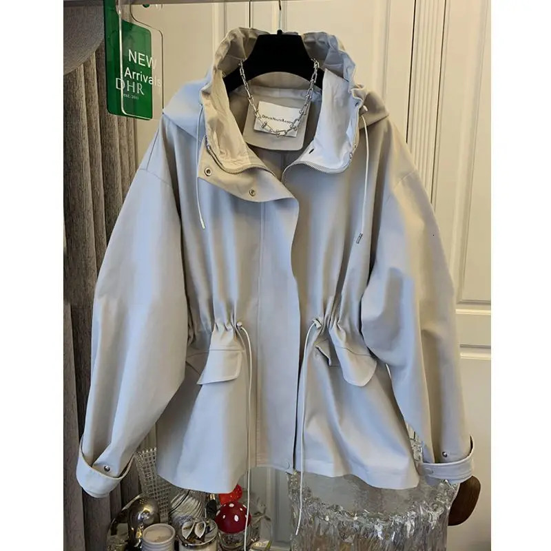 Cotton Khaki Hooded Trench Coat Womens Autumn And Winter Short Retro Casual Loose Top 251021