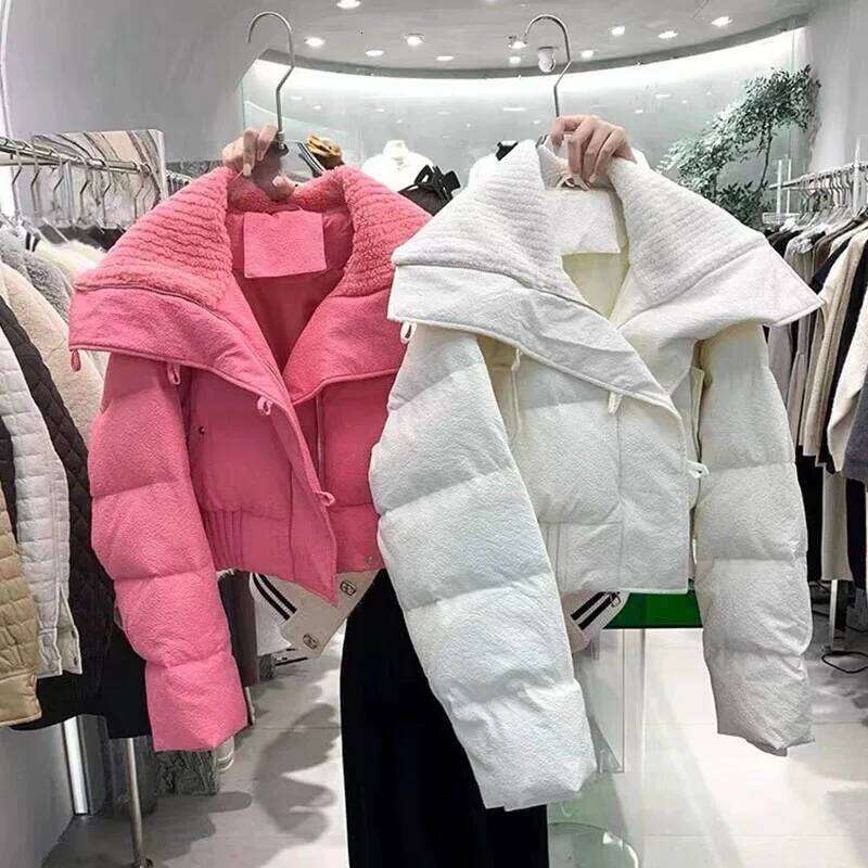 Women's Winter Thicken Warm Parkas Korean Fashion Knitted Big Collar Short Down Cotton Coats Streetwear Versatile Zipper Outwear