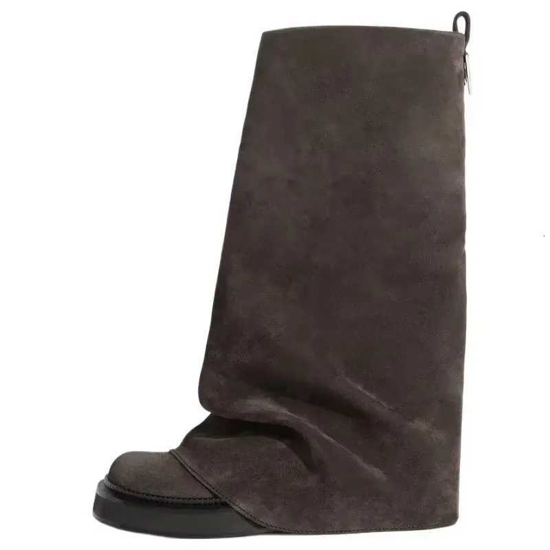 Brand Fashion 2024 New Autumn And Winter Round Head Long Boots Leather shoes Metal Knight Boots Fold Flat Boots Punk Style X260526