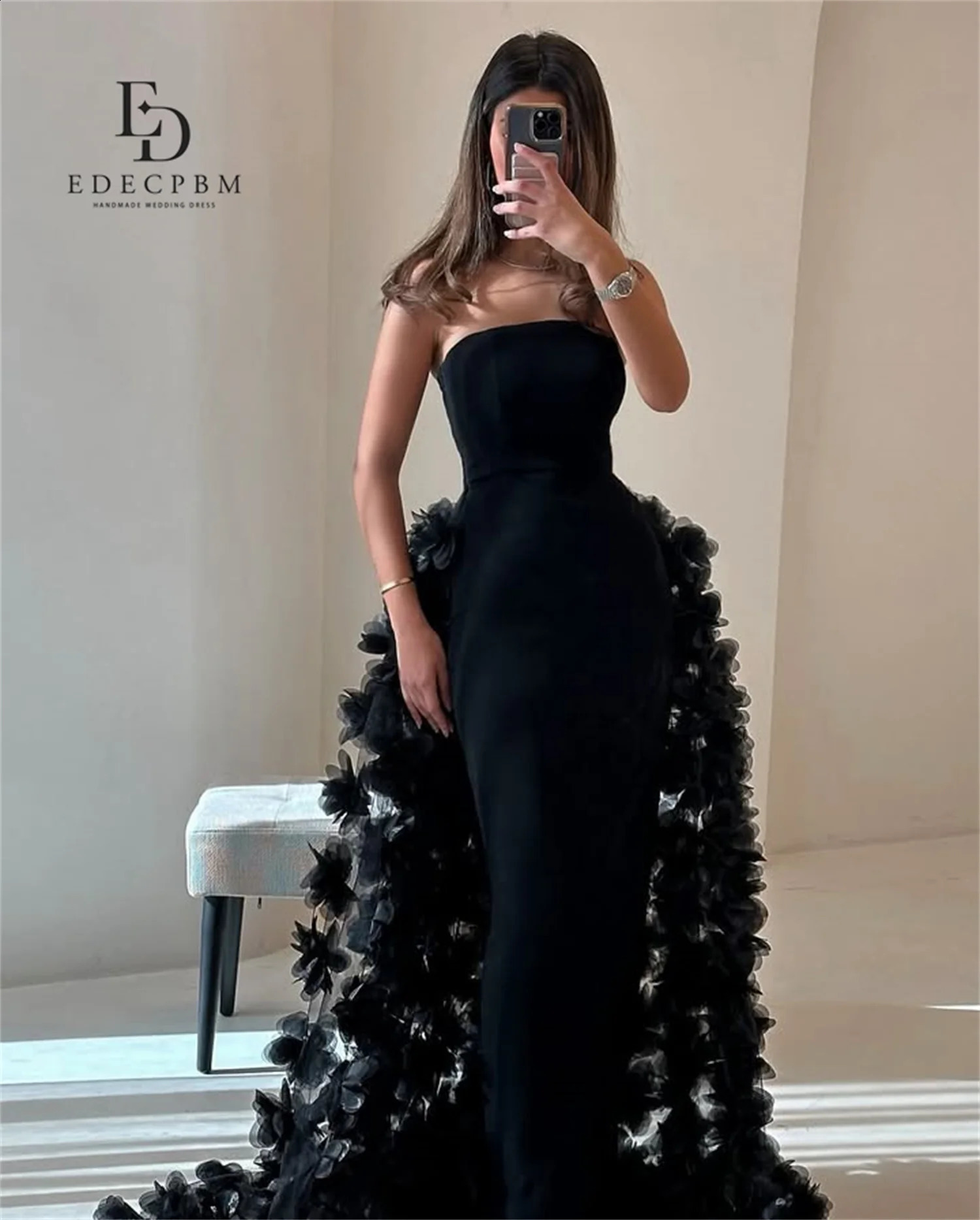 EDECPBM Saudi African Mermaid Dress Women Party Black 3D Flowers Tail Dress With Feathers Customized Evening Wedding Prom Events 251020