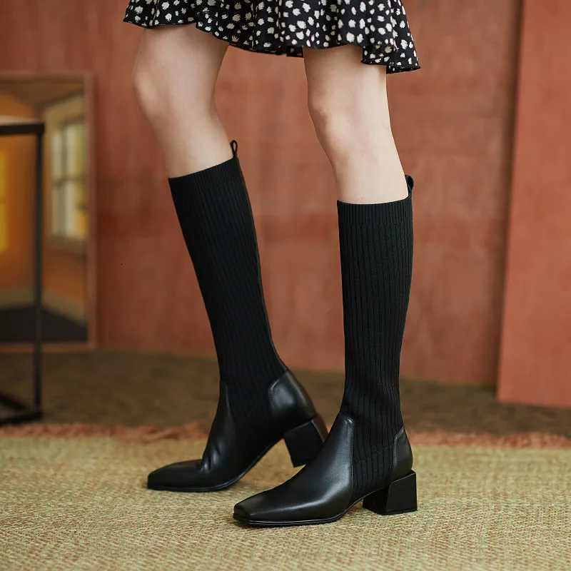 Women Knitted Long Boots Autumn Winter New Knee High Socks Shoes Woman Fashion Slip on High Heels Retro Elastic Botas Mujer W251024