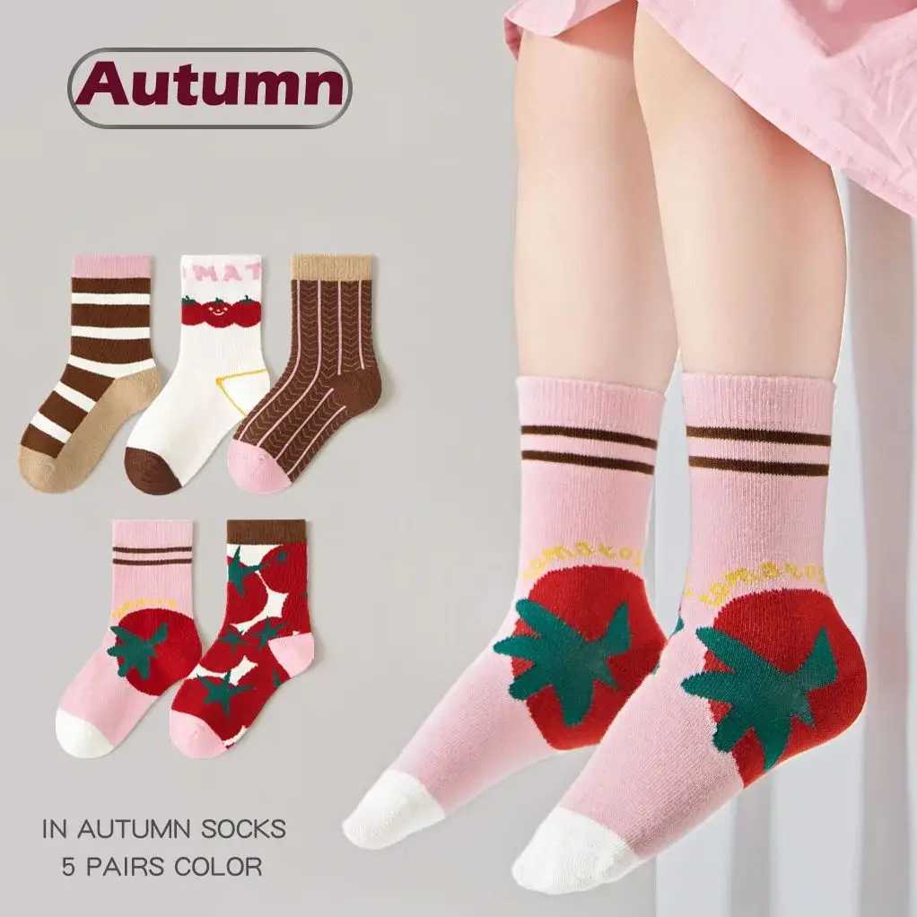 5 Pairs Autumn Socks Girls Cute Tomato Socks A Class Cotton Baby Socks Children Medium Socks Kids Socks J251024