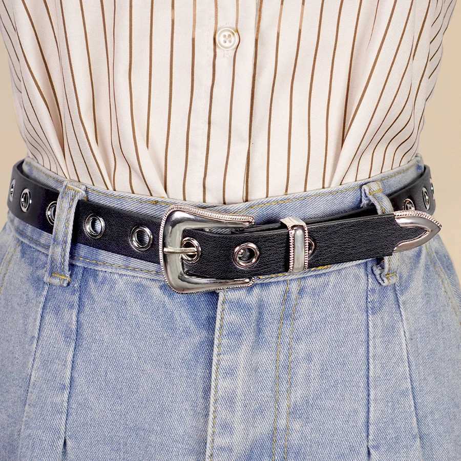 Classic Pu Material Black Belt Retro Hollow Womens Belt Punk Y2K Style Versatile Casual Decoration W251024