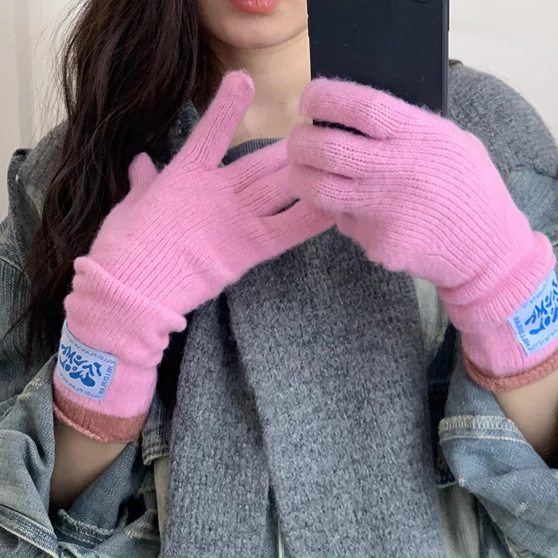 Korean midlength label curly warm gloves for women dopamine colorblocking knitted touch screen student fivefinger gloves 251023