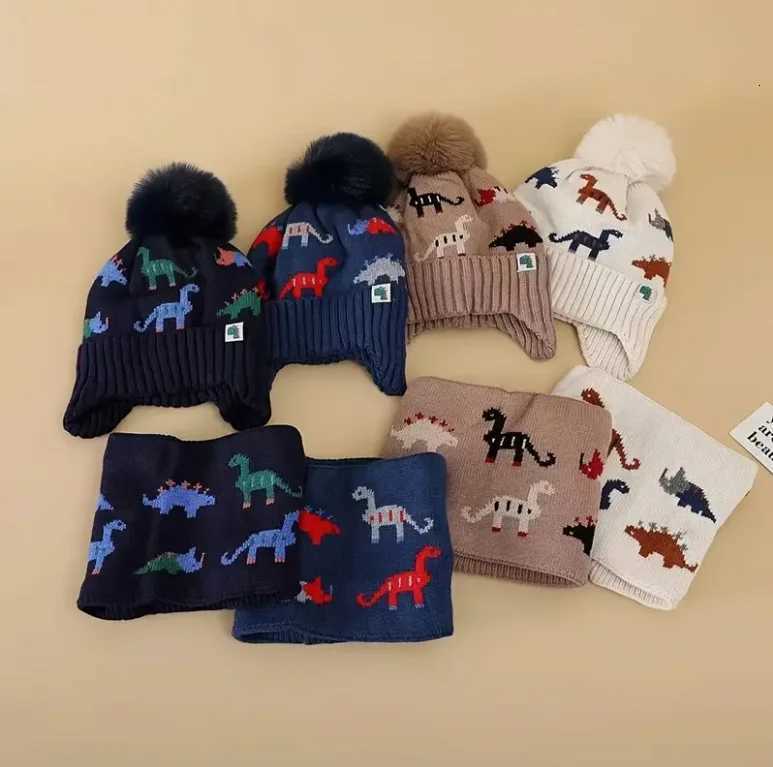 2pcs Winter Kids Dinosaur Hat and Scarf Set 2pcs FleeceLined Warm Cartoon Cute Thickened Hat and Scarf 2pcs for OutdoorL251024