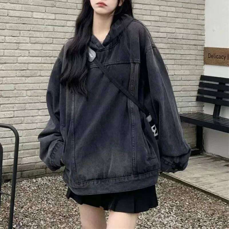 American Style Vintage Women's Denim Jacket Loose Fit Hooded Pullover Sweatshirt Trendy Spring Autumn Arrival