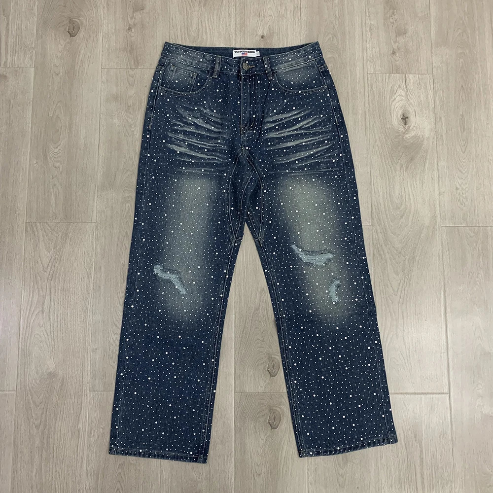Vintage Shinning Rhinestone Washed Hole Distressed Baggy Jeans Pants for Men Straight Casual Loose Ripped Denim Trousers 251021