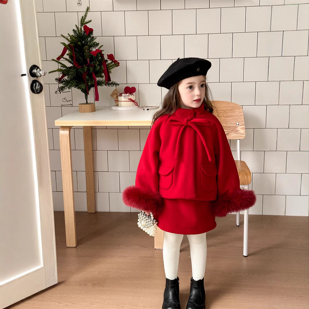 New Fashion Design Fox Leather Detachable New Year's Red Wool Coat and Skirt Fashion Set for Girls