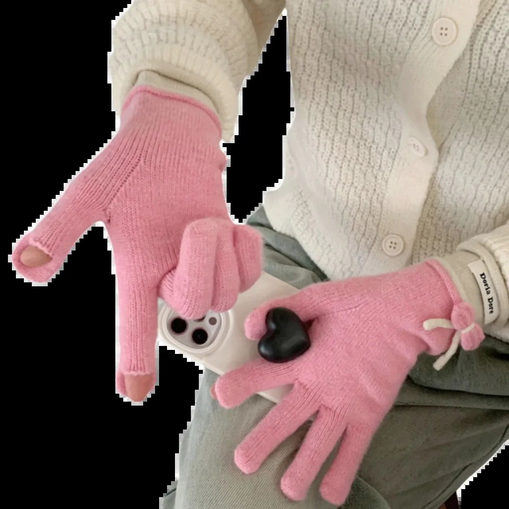 Winter Red Warm Knitted Gloves Full Finger Gloves Touch Screen Skiing Cute Bow Gloves Work Gloves For Women 251023