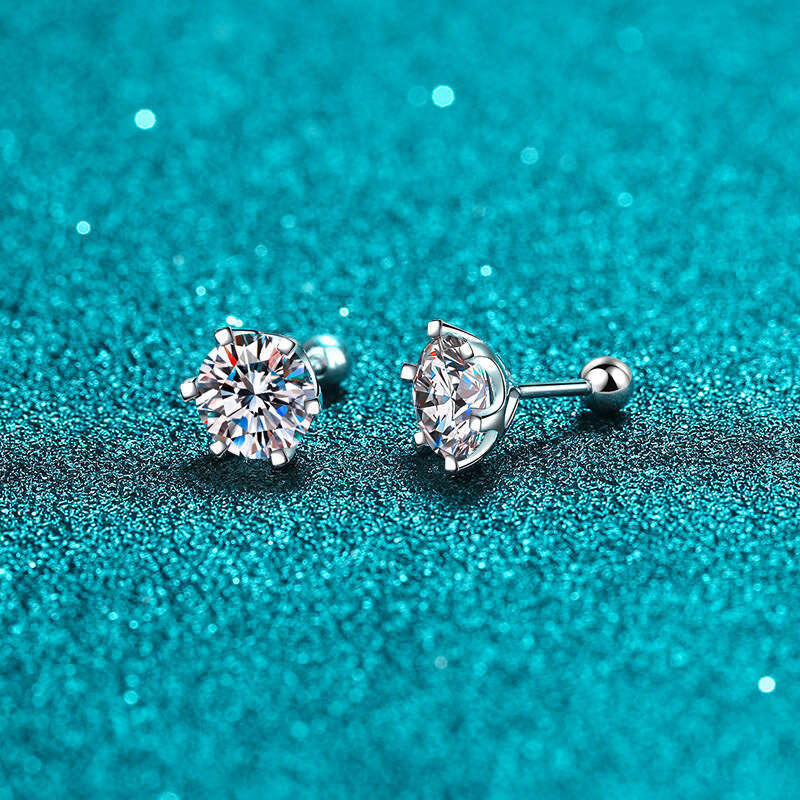 DHCollections-- Sterling Sier for Women 0.30 0.50 1 2 Screw Style Six-Prong Moissanite Stud Earrings