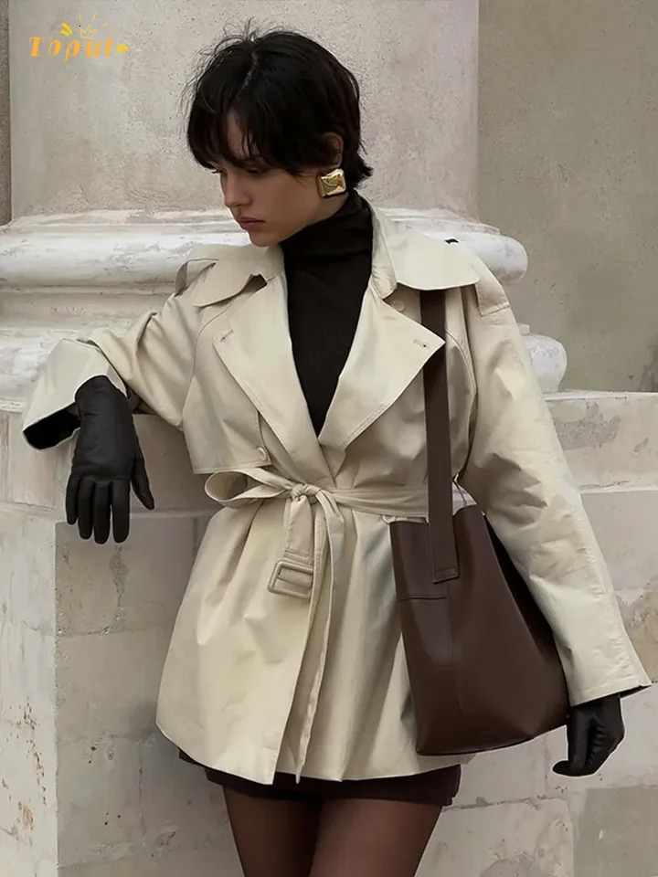 Solid Lapel Crop Windbreaker Women Fashion Long Sleeve Belt Waist Cinching Pockets Trench Coat Autumn Lady Street Outerwear 251021