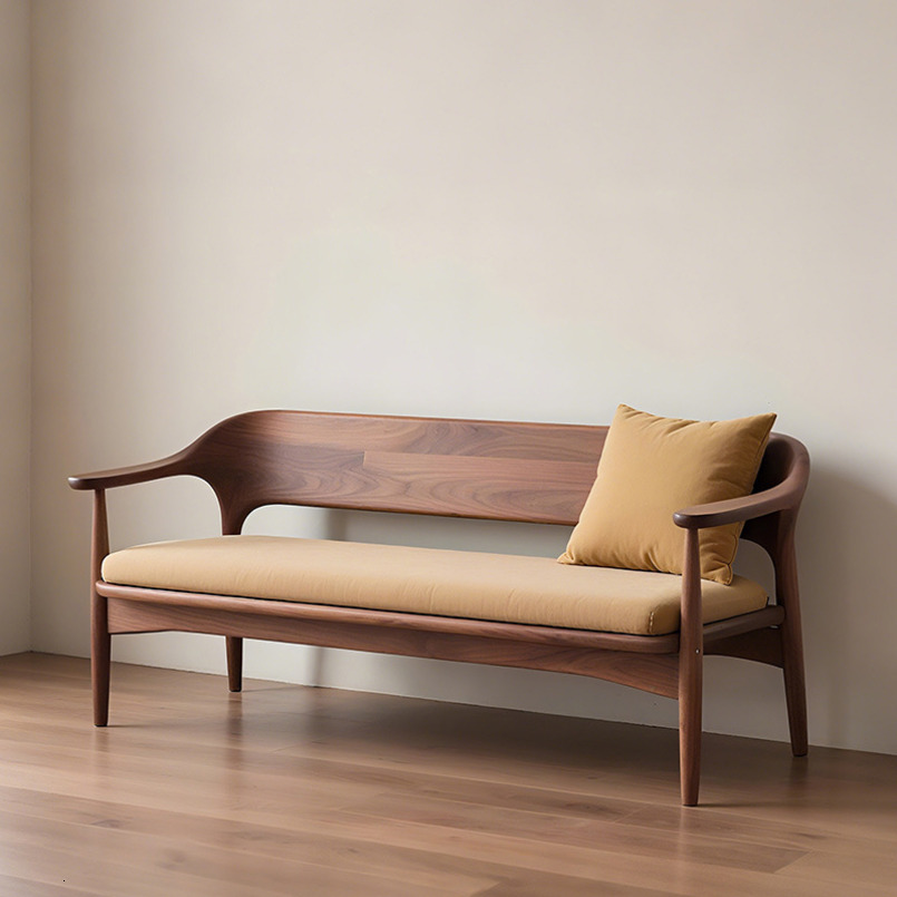 New Chinese Style Black Walnut Solid Wood Straight Sofa for Home Living Room Villa Zen Double Seat Furniture