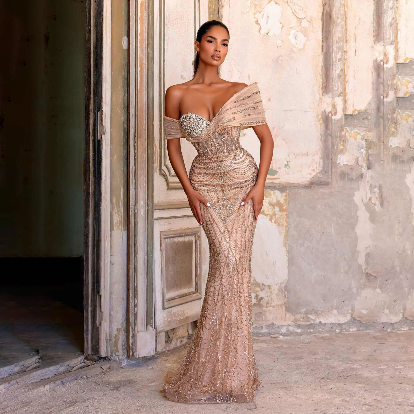 Sexy Mermaid Evening Dress Sleeveless Prom Gowns Off Shoulder Beads V-Neck Modern Prom Dress vestidos de novia Size Customized Robes De Mariee L252795