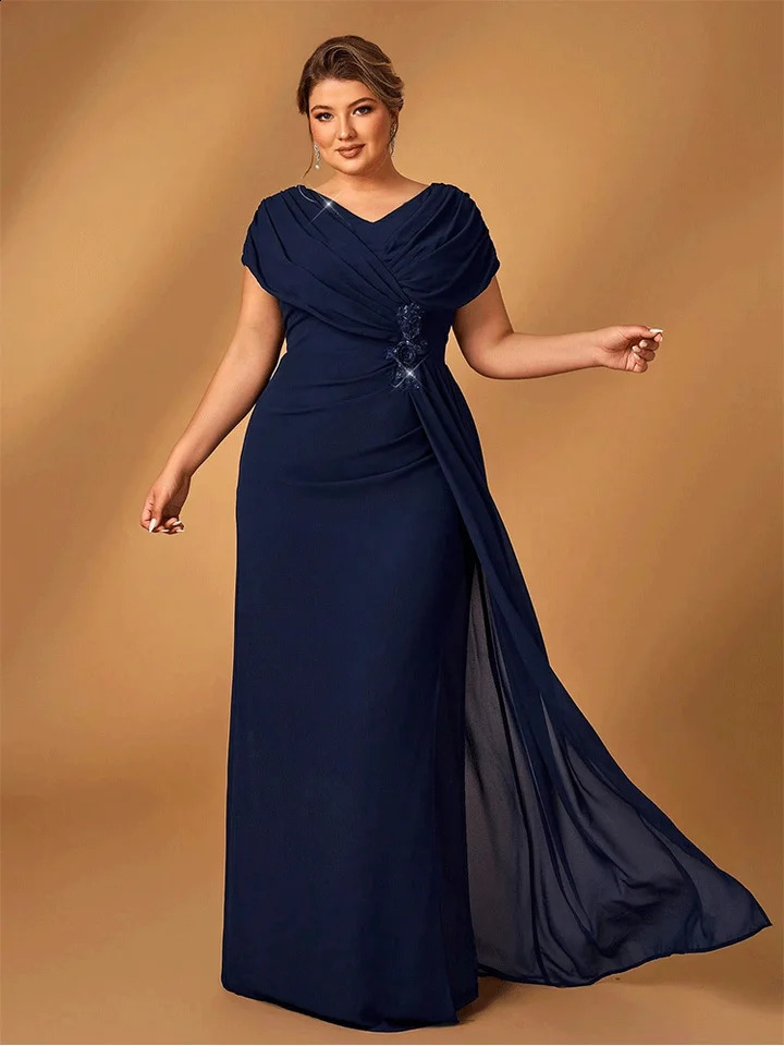 Plus Size Mom Evening Dress Wedding Reception Party Shiny Plus Size Chiffon Mother Navy Blue Evening Dress 251023