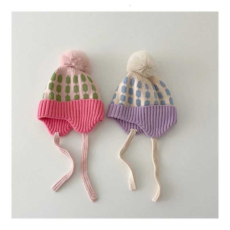 Korean Style Kids Knitted Hat with Straps Large Pom Colorful Checkered Earflap Beanie Boys Girls Autumn Winter Warm HatL251024