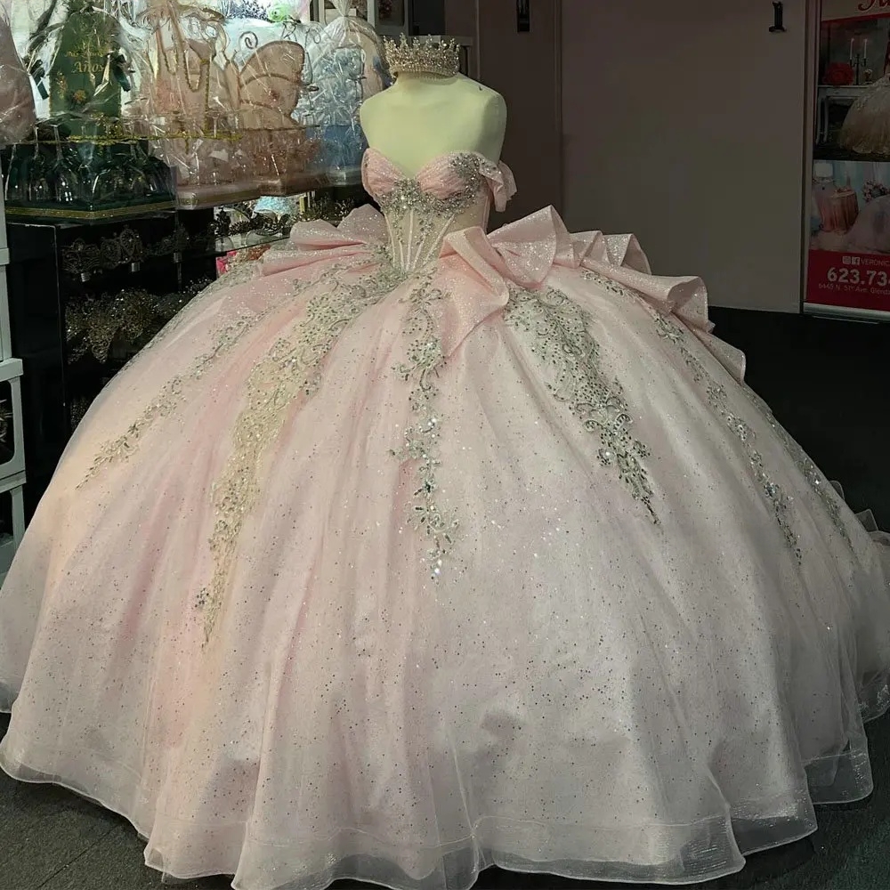 Pink Illusion Ruffles Bow Quinceanera Dresses Ball Gown Sequined Appliques Lace Sweet 15 Anos Mexican