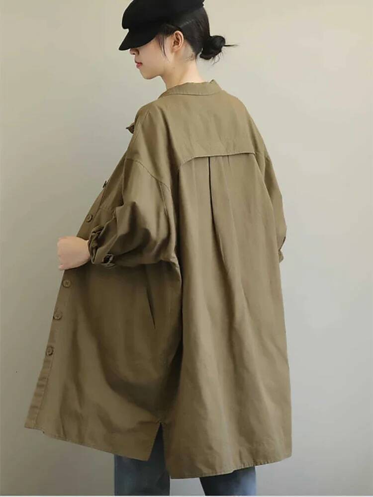 Spring Autumn New Mid-Length Trench Coat Loose Elegant Simple Artsy Casual Big Pocket All-Match Chic Office Ladies Outfit dongdumaoyi