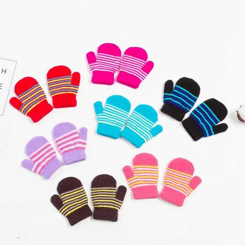 Children Striped Fingerless Gloves Thick Winter Kids Knitted Glove 12year Boy Girl Hand Warmer Kindergarten Baby Plush Mittens Y251024