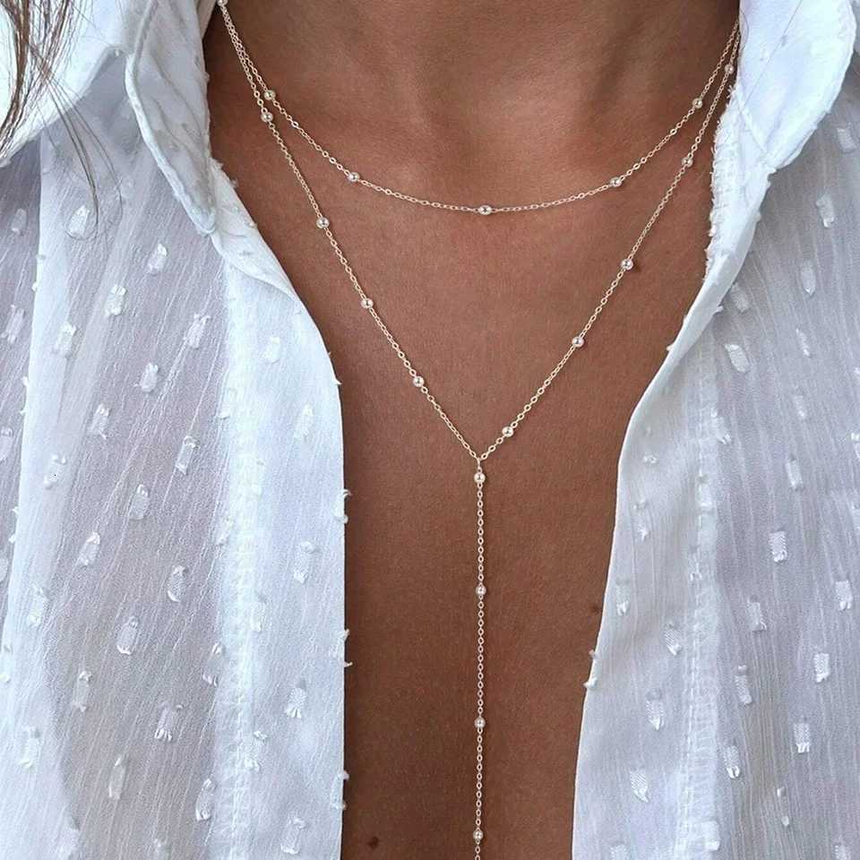 DGIDDK Stainl Steel Vintage Gold Double Long Chain Drop Necklace Female Simple Metal Geometric Beads Tassel Necklace JewelryXJ251024