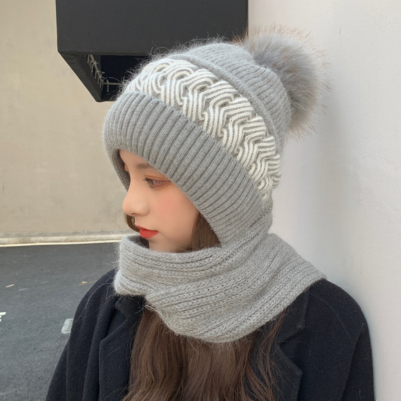 for Women Autumn Cute Hat Knitted Cold Ear Neck Protection Thickened Wool Scarf Integrated Winter Warmth